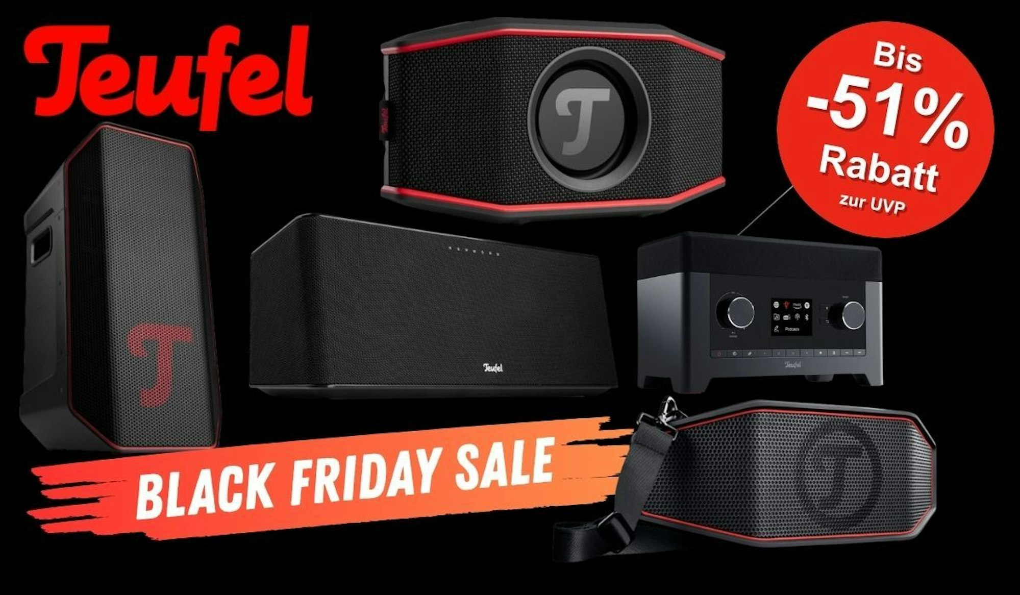 Teufel Lautsprecher, Boxen und Kopfhörer vor schwarzem Hintergrund