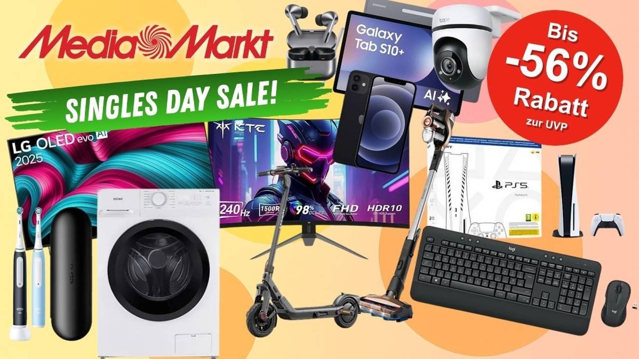 Produkte wie Waschmaschine, Smart-TV, iPhone, PS5, Samsung Galaxy Tab und mehr zum Singles Day.