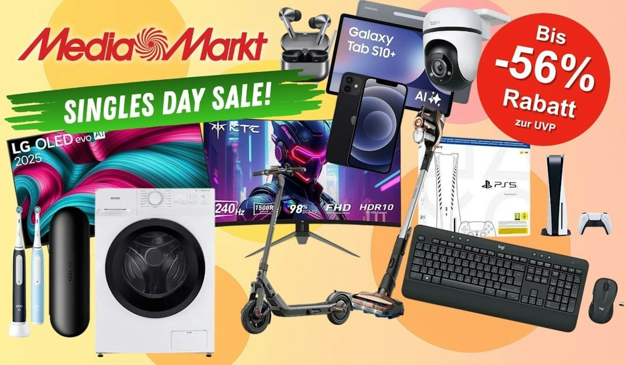 Produkte wie Waschmaschine, Smart-TV, iPhone, PS5, Samsung Galaxy Tab und mehr zum Singles Day.