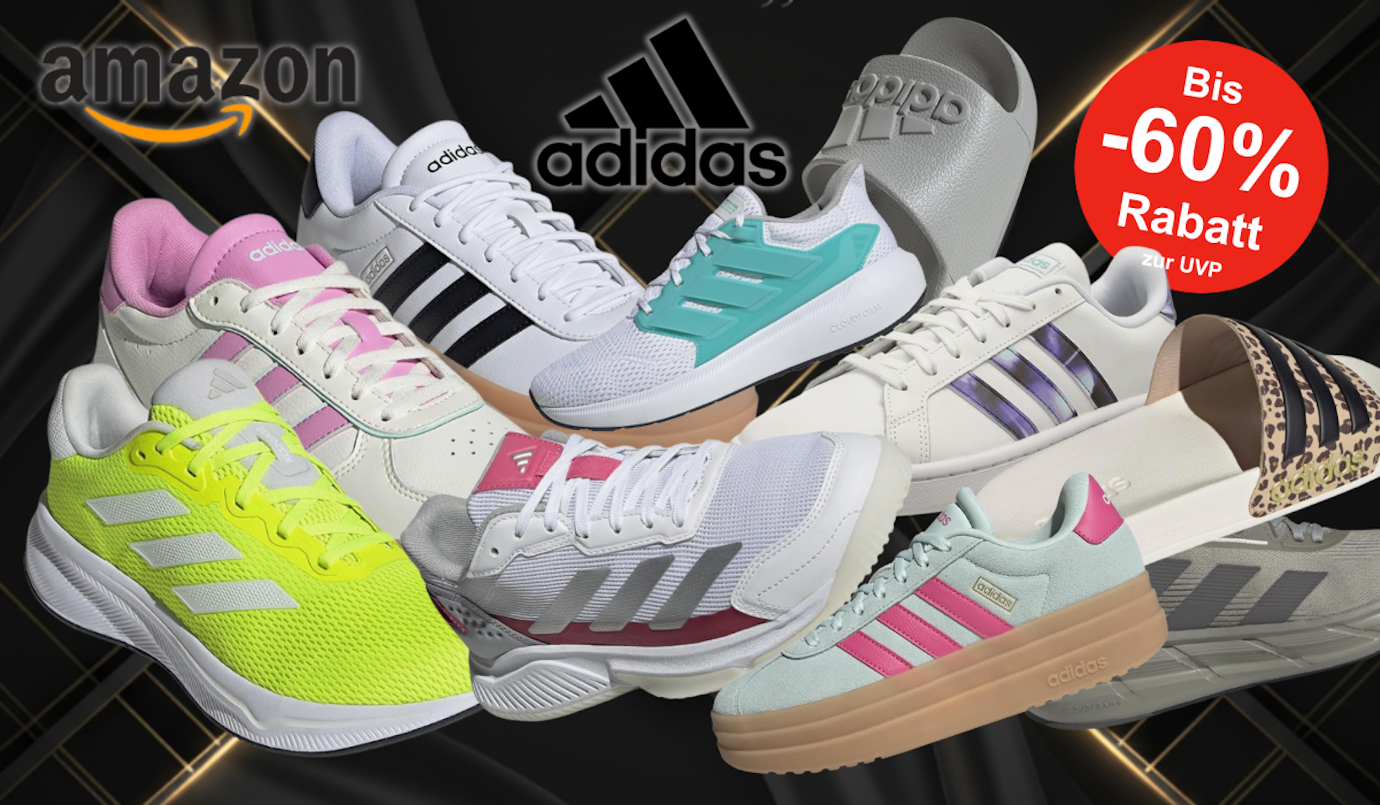 Auf dem Bild sind unterschiedliche Sneaker Modelle der Marke Adidas auf einem schwarz, goldenen Hintergrund abgebildet.