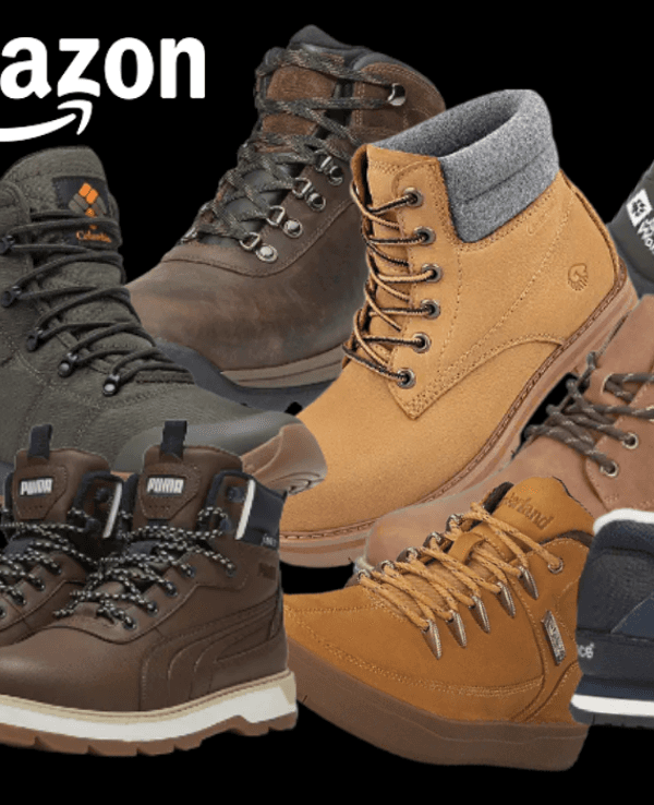 Auf dem Bild sind Winterschuhe diverser Marken für Männer auf einem schwarzen Hintergrund abgebildet.