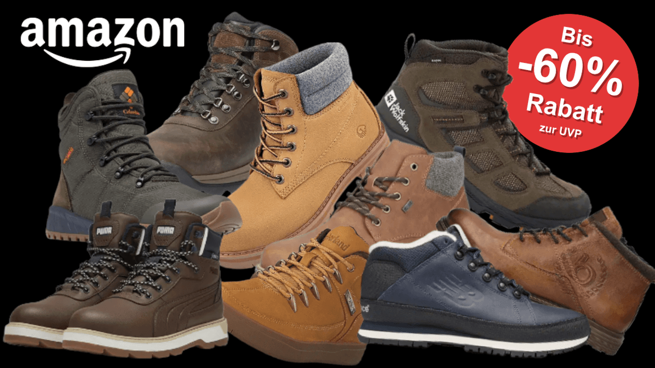 Auf dem Bild sind Winterschuhe diverser Marken für Männer auf einem schwarzen Hintergrund abgebildet.