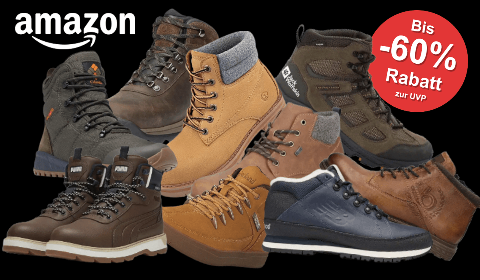 Auf dem Bild sind Winterschuhe diverser Marken für Männer auf einem schwarzen Hintergrund abgebildet.