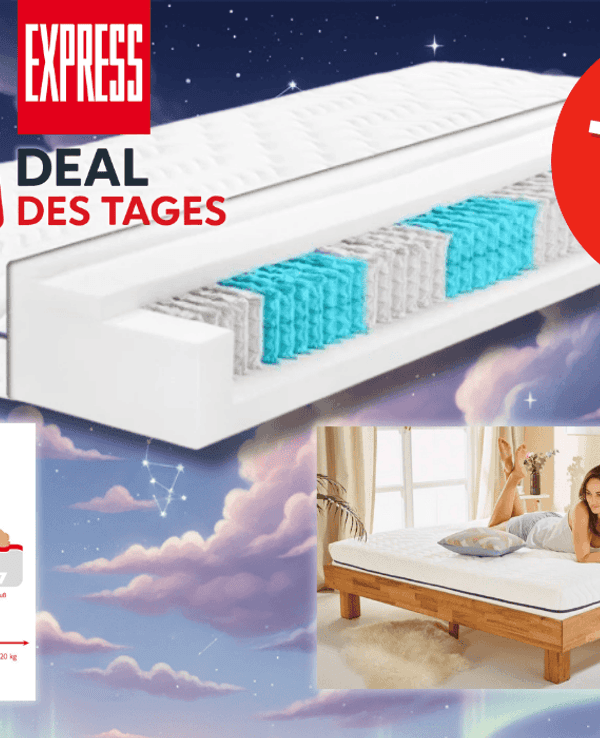 Die BADENIA TRENDLINE 7-Zonen-Taschenfederkern-Matratze als EXPRESS Deal des Tages im verträumten Schlummerland-Design mit Wolken, Sternen und Mond.
