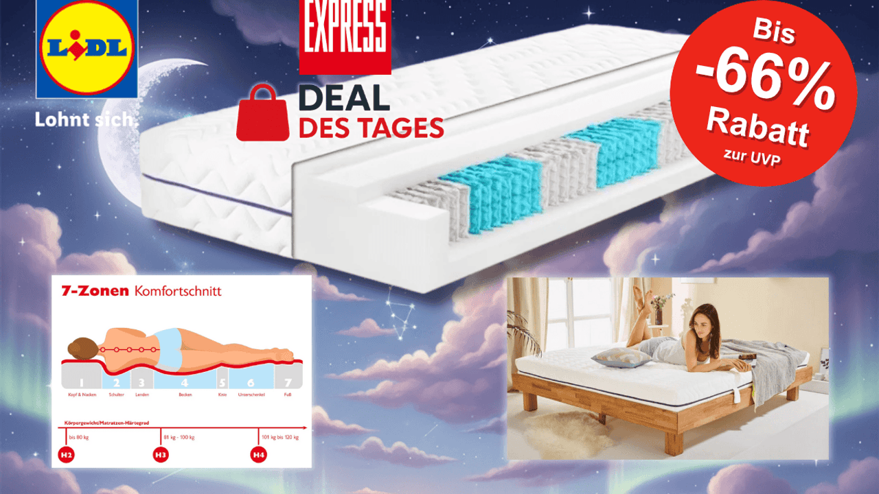 Die BADENIA TRENDLINE 7-Zonen-Taschenfederkern-Matratze als EXPRESS Deal des Tages im verträumten Schlummerland-Design mit Wolken, Sternen und Mond.