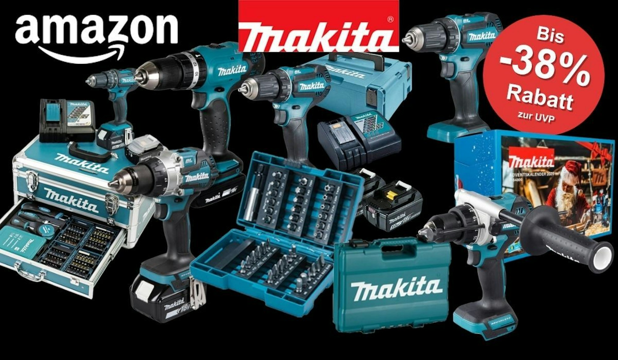 Makita Akku-Bohrschrauber, Schlagbohrschrauber mit Bohraufsatz Zubehör, Akkus, Transportkoffer, MAKPAC vor einem schwarzen Hintergrund zum Black month.