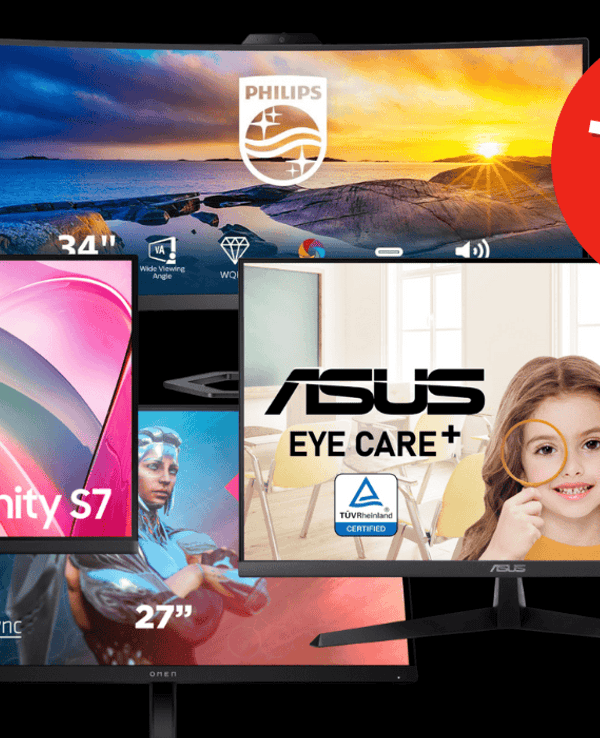 Monitore von Samsung, HP, ASUS und Philips vor einem schwarzen Hintergrund.