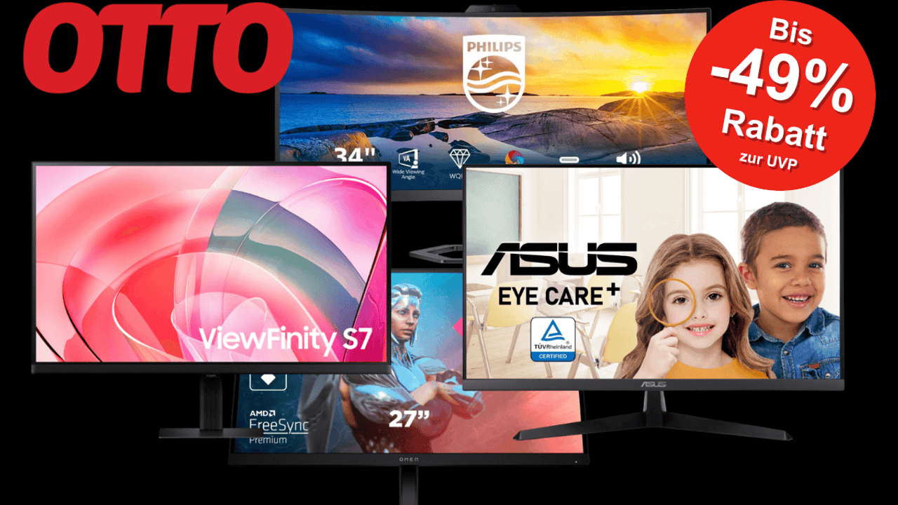 Monitore von Samsung, HP, ASUS und Philips vor einem schwarzen Hintergrund.