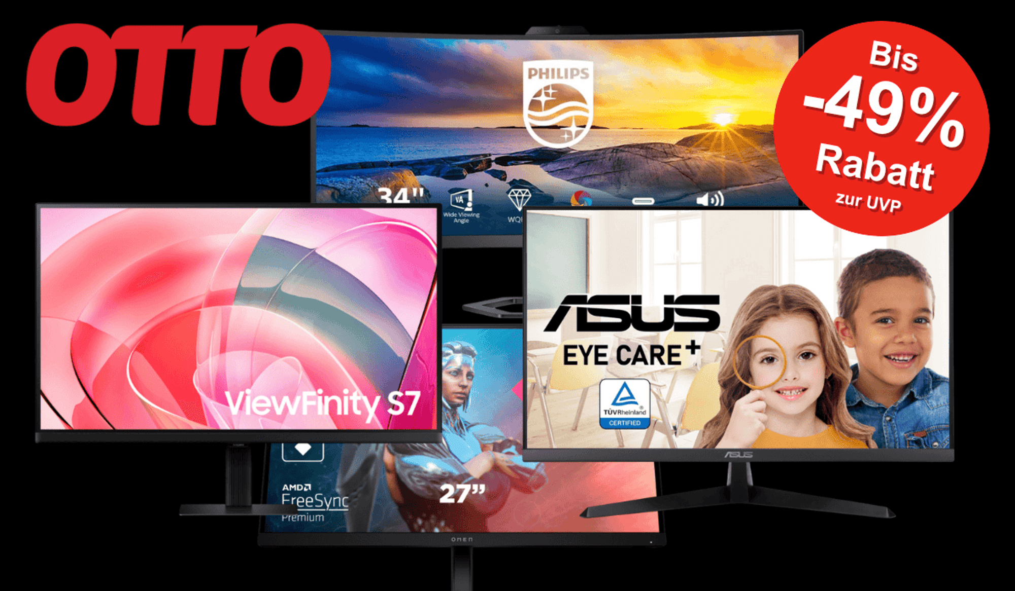 Monitore von Samsung, HP, ASUS und Philips vor einem schwarzen Hintergrund.