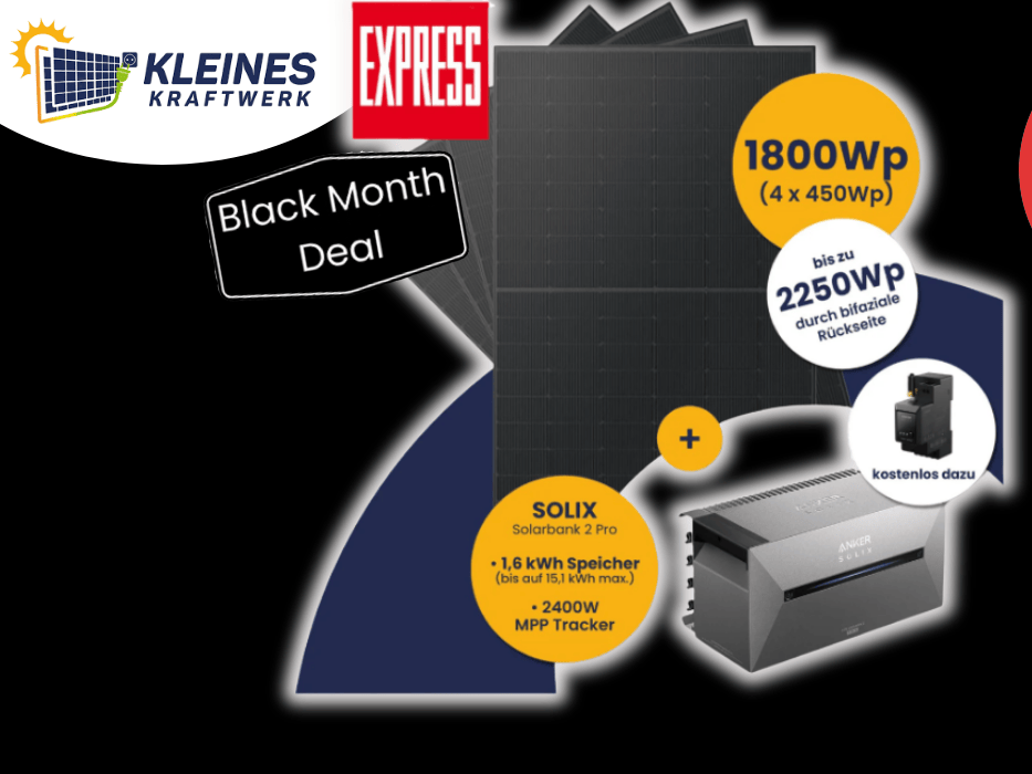 Balkonkraftwerk-Set Kleines Kraftwerk Quattro (4 × 450 Wp Full-Black Module) mit integrierter Anker Solarbank 3 E2700 Pro vor einer Straße in einer ruhigen Stadtgegend mit Einfamilienhäusern im Herbst.