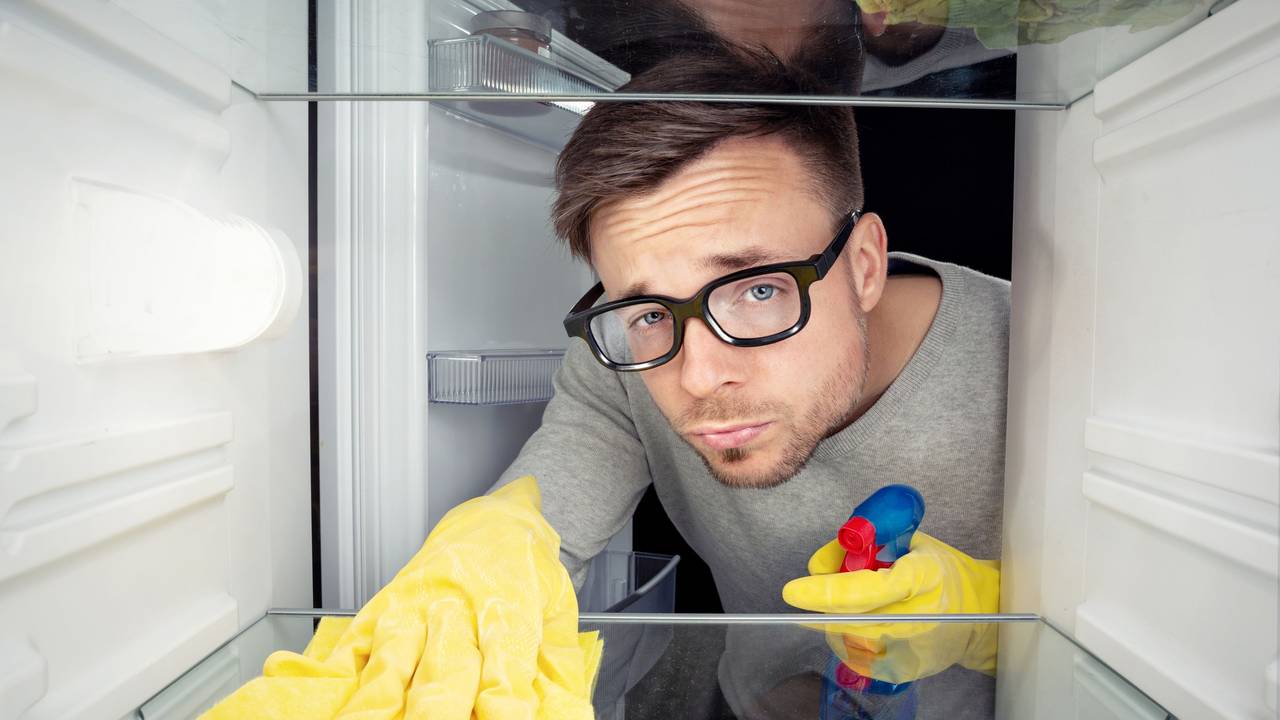Ein Mann mit schwarzer Hornbrille und Haushaltshandschuhe guckt verdrießlich, während er einen Kühlschrank reinigt.