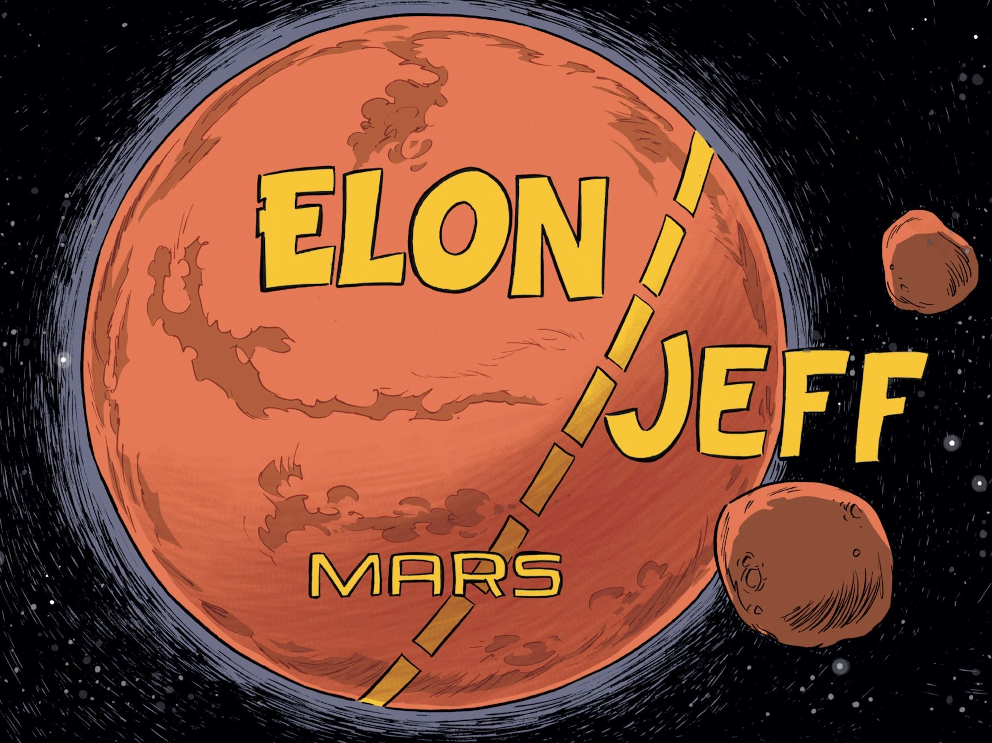 Zeichnung des Planeten Mars mit herumfliegenden Gesteinsbrocken und der Aufschrift "Elon Jeff Mars"