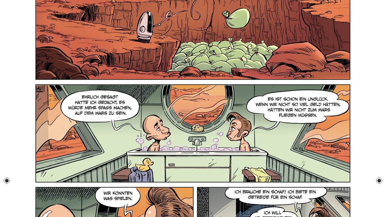 Ausschnitt aus einem Comic, in dem sich zwei Herren (Elon Musk und Jeff Bezos nicht unähnlich) zunächst zanken und dann zocken.