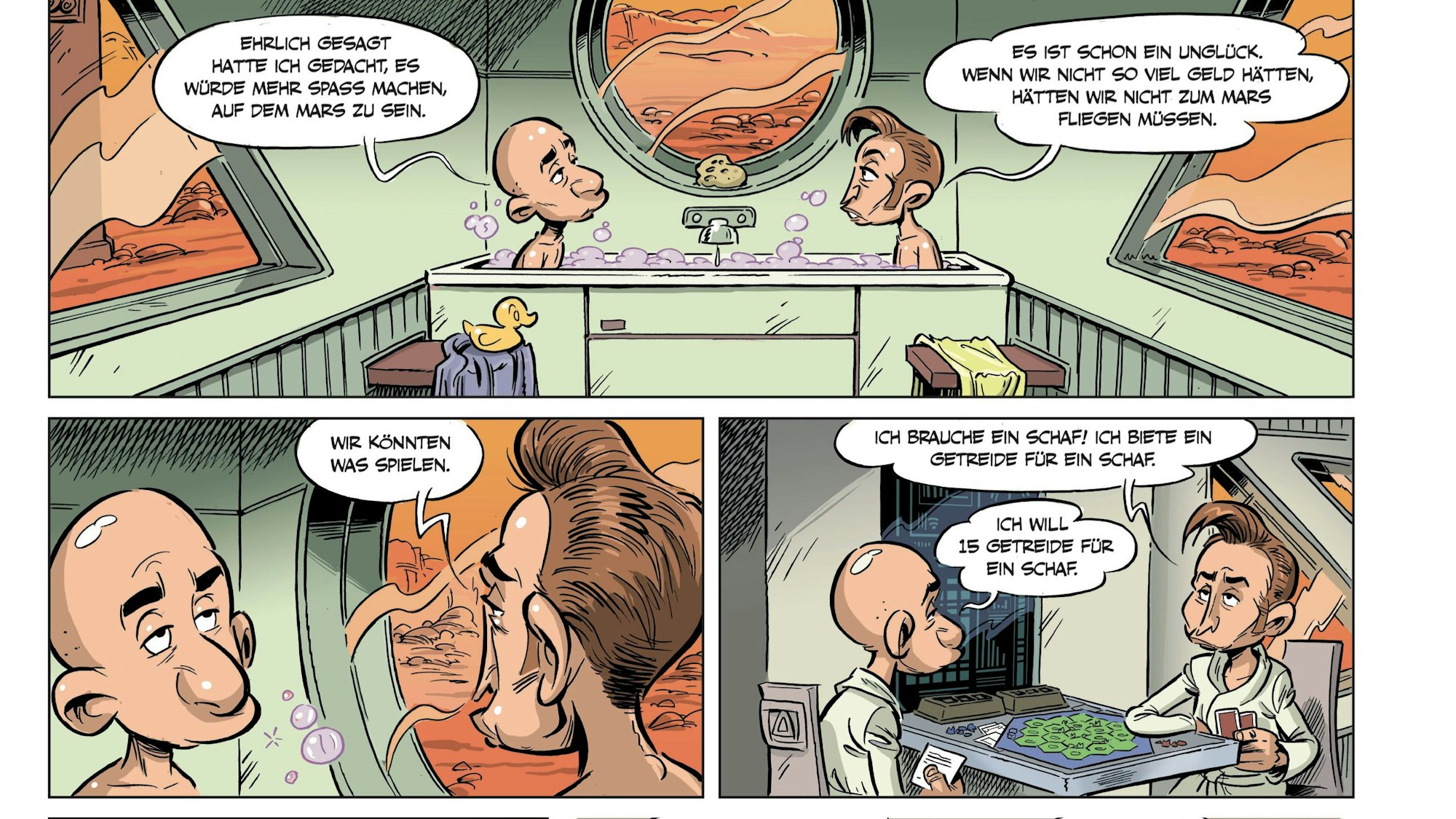 Ausschnitt aus einem Comic, in dem sich zwei Herren (Elon Musk und Jeff Bezos nicht unähnlich) zunächst zanken und dann zocken.