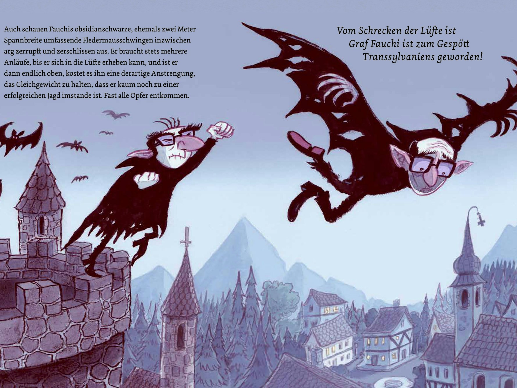 Ein Comic zeigt zwei Vampire, die unbeholfen durch die Luft fliegen, im Hintergrund flattern Fledermäuse