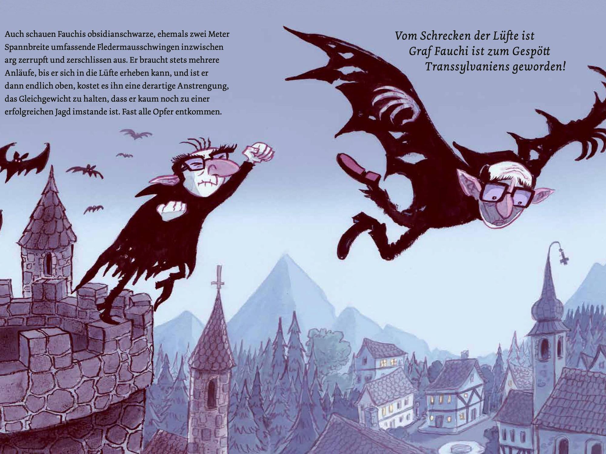 Ein Comic zeigt zwei Vampire, die unbeholfen durch die Luft fliegen, im Hintergrund flattern Fledermäuse