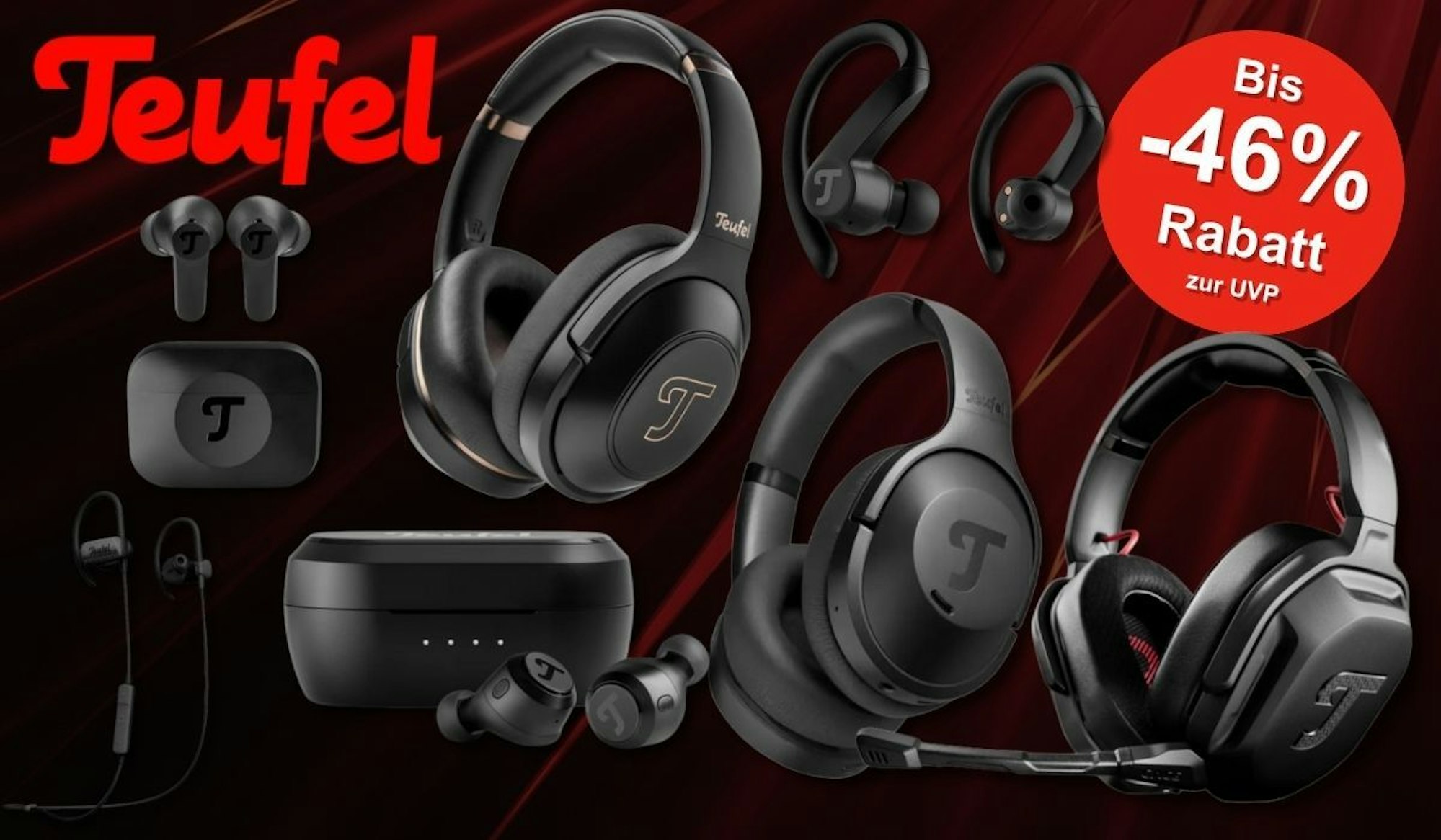 Teufel Black Friday Sale mit Bluetooth Kopfhörer vor schwarzem Hintergrund.