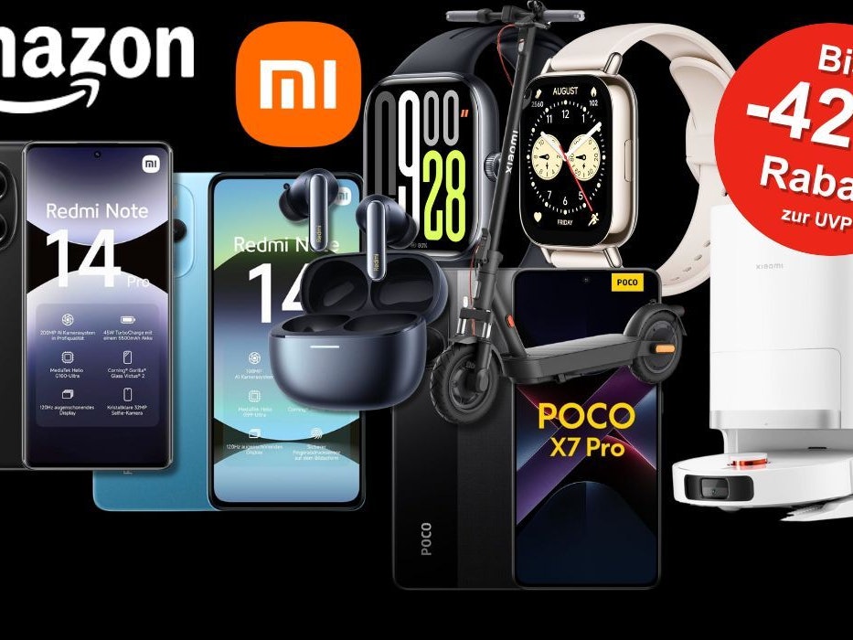 Xiaomi Smartphones, e-Roller, Saugroboter, Smartwatches zum Black Friday Sale vor einem schwarzen Hintergrund.