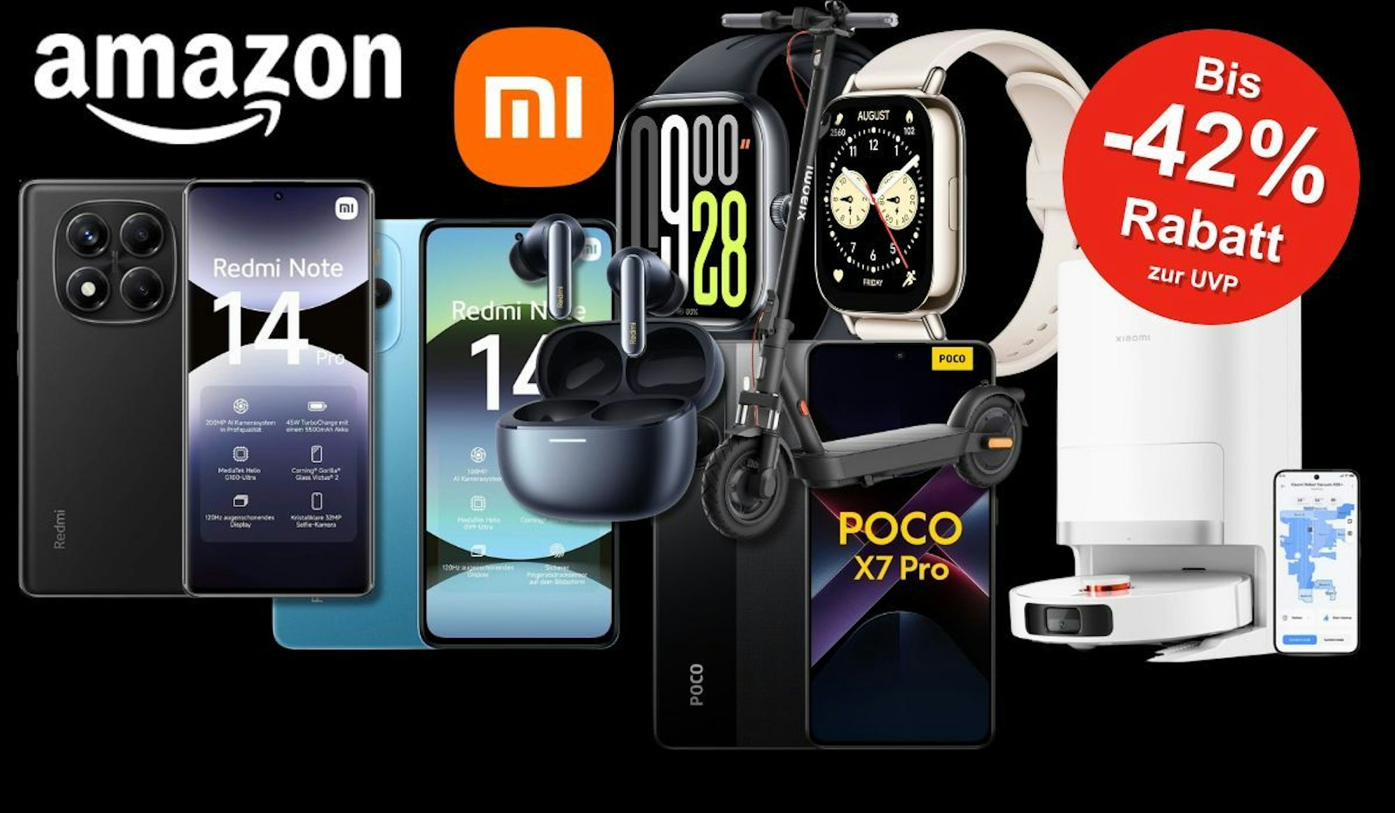 Xiaomi Smartphones, e-Roller, Saugroboter, Smartwatches zum Black Friday Sale vor einem schwarzen Hintergrund.