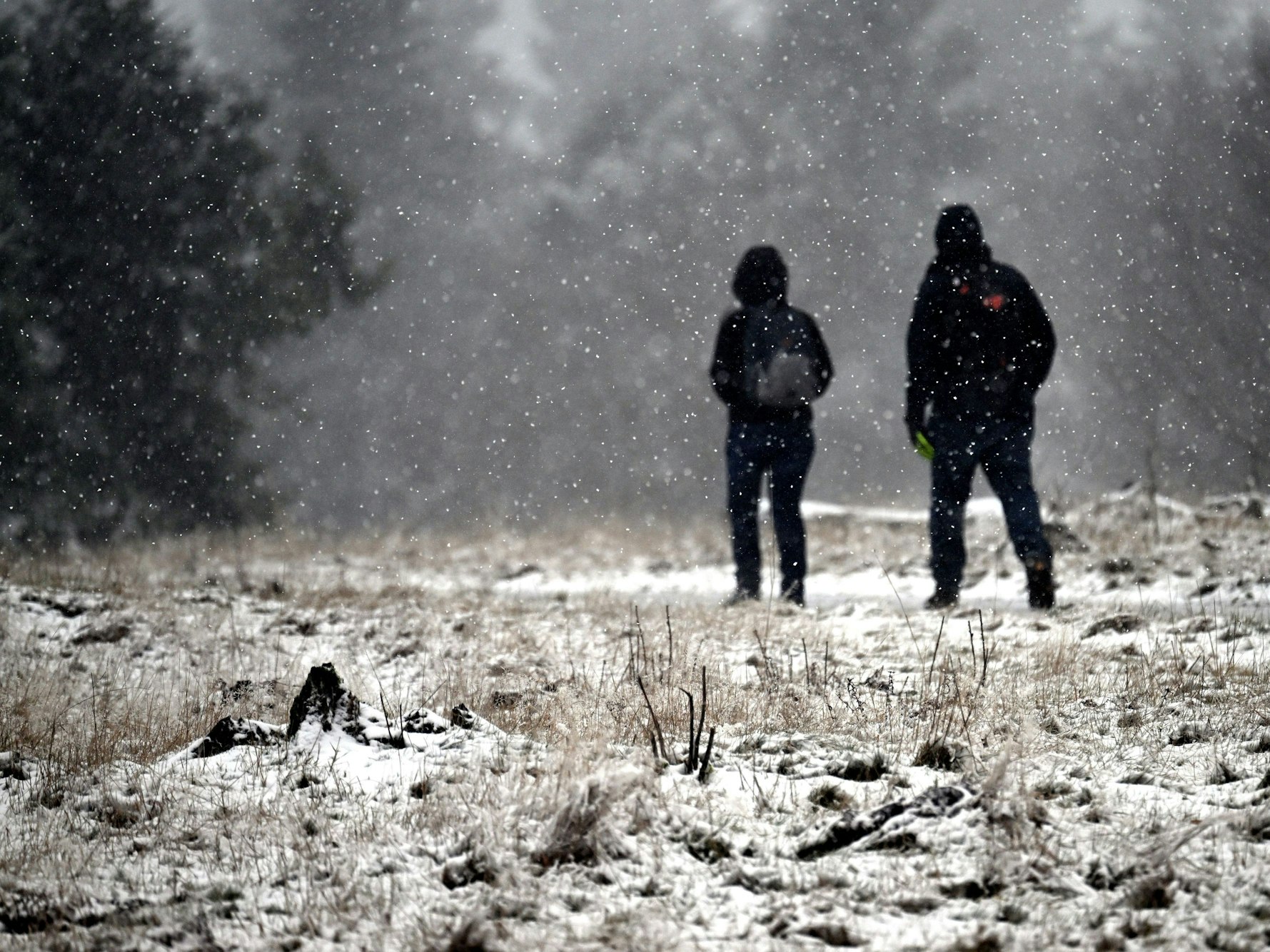 Wanderer gehen auf dem Kahlen Asten durch die Schneelandschaft. Nach einem kalten Start in die neue Woche sind im Sauerland die ersten Schneeflocken gefallen.