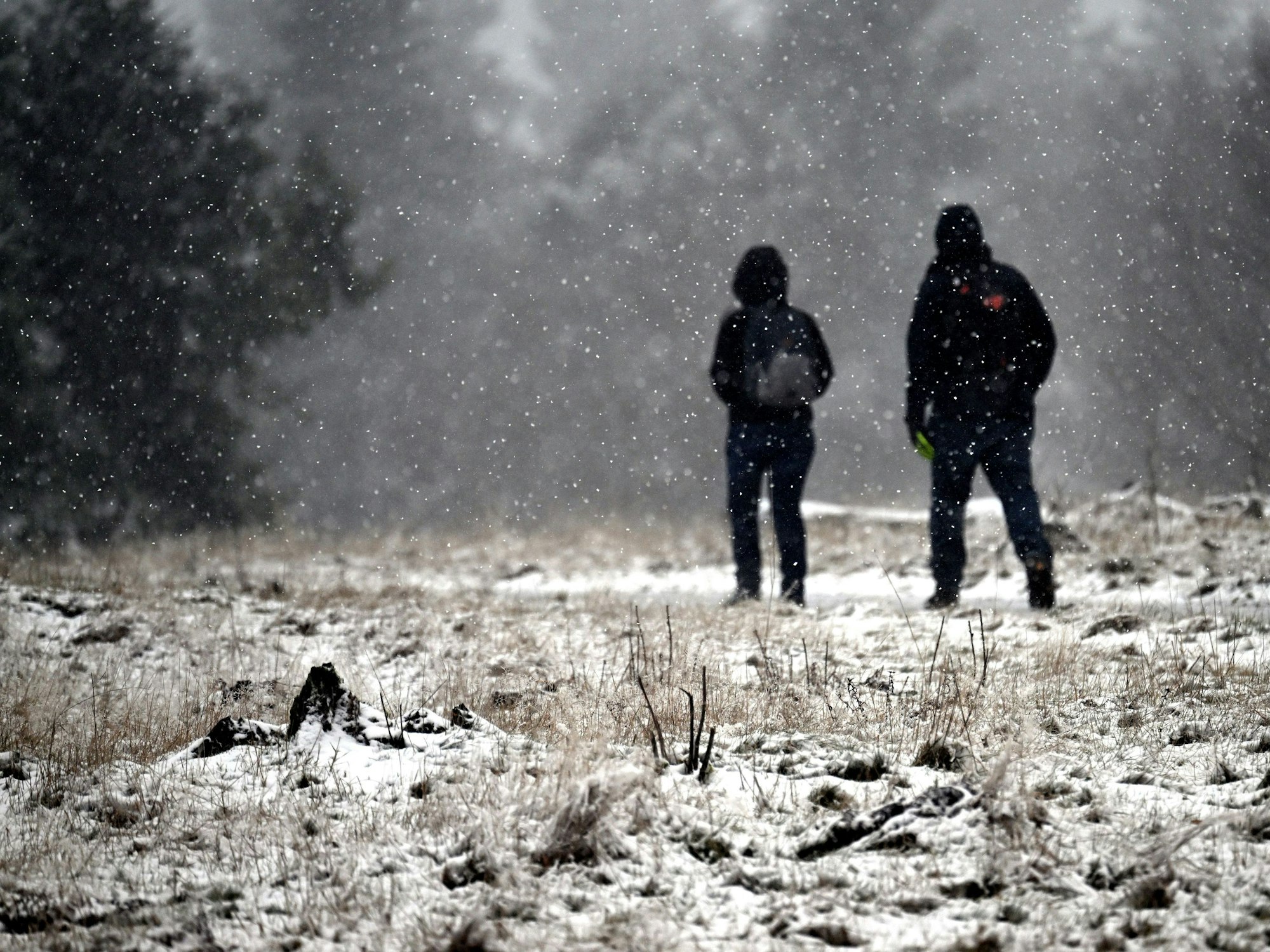 Wanderer gehen auf dem Kahlen Asten durch die Schneelandschaft. Nach einem kalten Start in die neue Woche sind im Sauerland die ersten Schneeflocken gefallen.