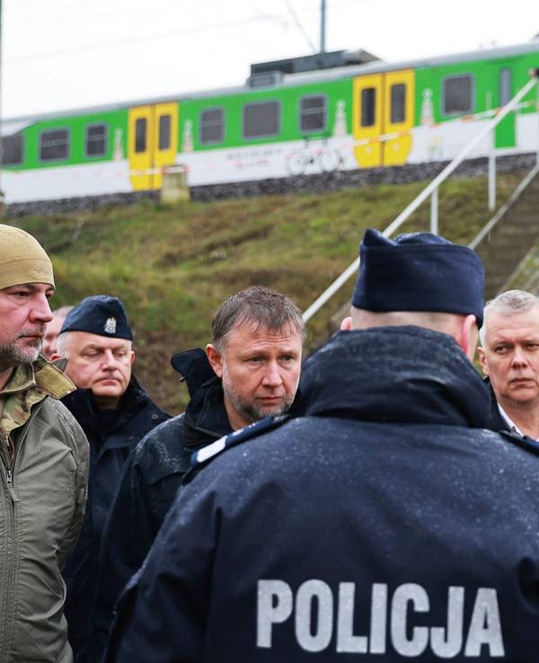 Polens Ministerpräsident Donald Tusk (2.v.r) besichtigt die durch Sabotage beschädigte Eisenbahnstrecke unweit der Ortschaft Mika.