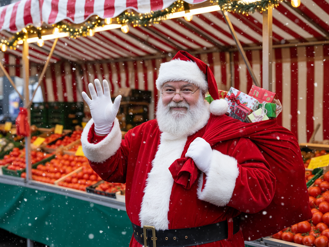Ein Weihnachtsmann steht vor einem Wochenmarktstand, schaut freundlich in die Kamera und winkt. Auf dem Rücken hat er einen Sack mit kleinen Geschenken.