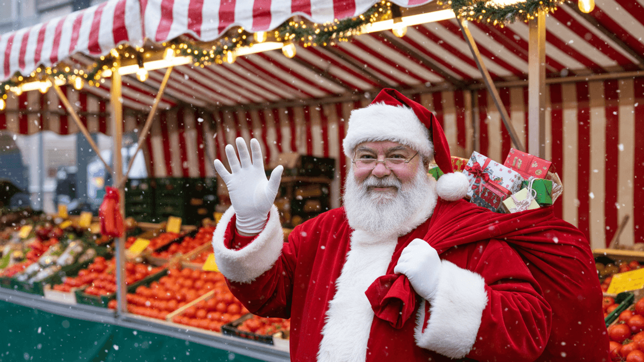 Ein Weihnachtsmann steht vor einem Wochenmarktstand, schaut freundlich in die Kamera und winkt. Auf dem Rücken hat er einen Sack mit kleinen Geschenken.