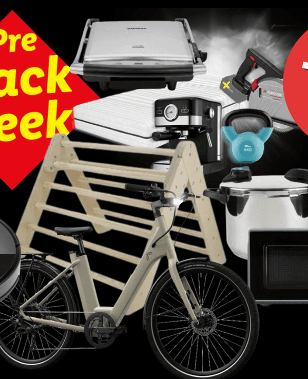 Auf einem schwarzen Hintergrund sind diverse Produkte aus dem Pre Black Week Lidl Sale abgebildet.