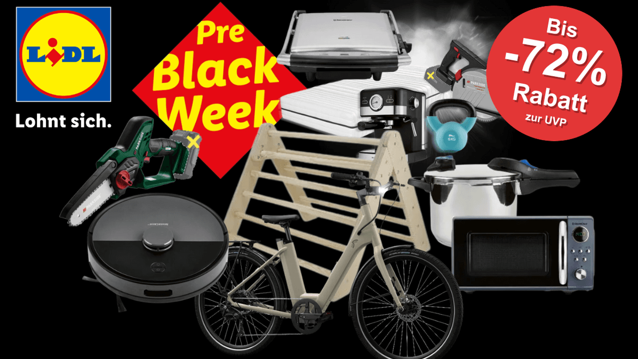 Auf einem schwarzen Hintergrund sind diverse Produkte aus dem Pre Black Week Lidl Sale abgebildet.