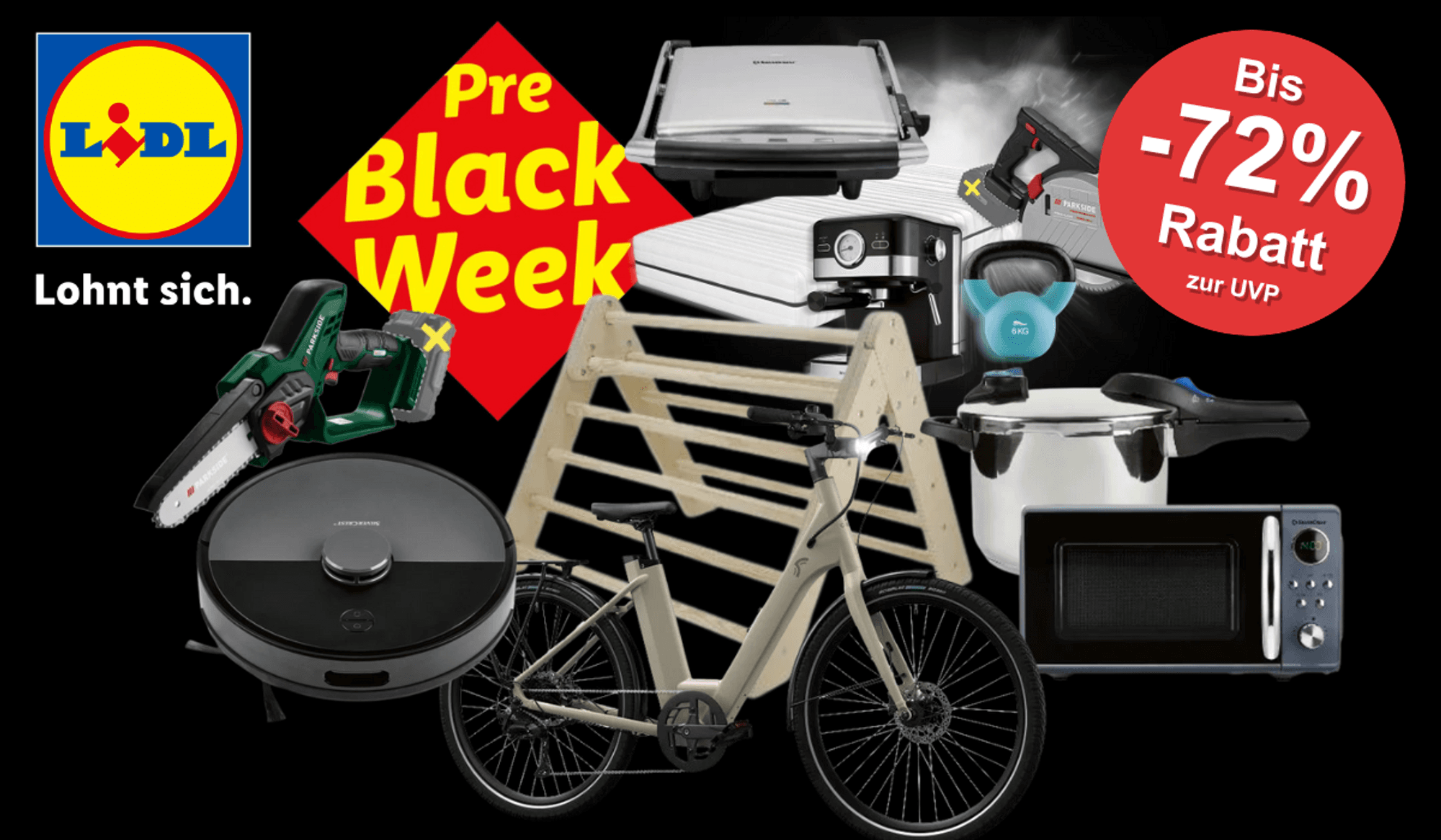 Auf einem schwarzen Hintergrund sind diverse Produkte aus dem Pre Black Week Lidl Sale abgebildet.