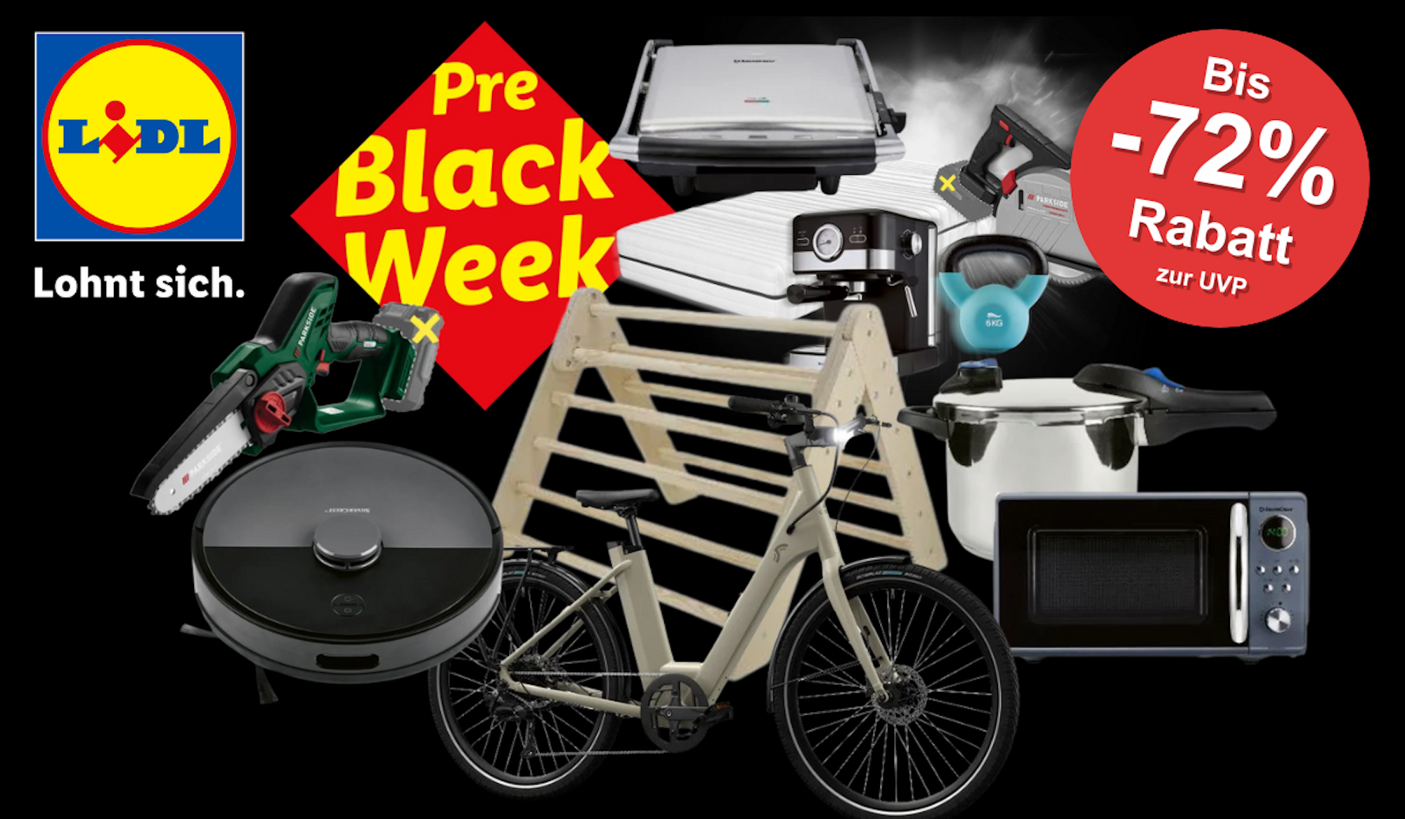 Auf einem schwarzen Hintergrund sind diverse Produkte aus dem Pre Black Week Lidl Sale abgebildet.