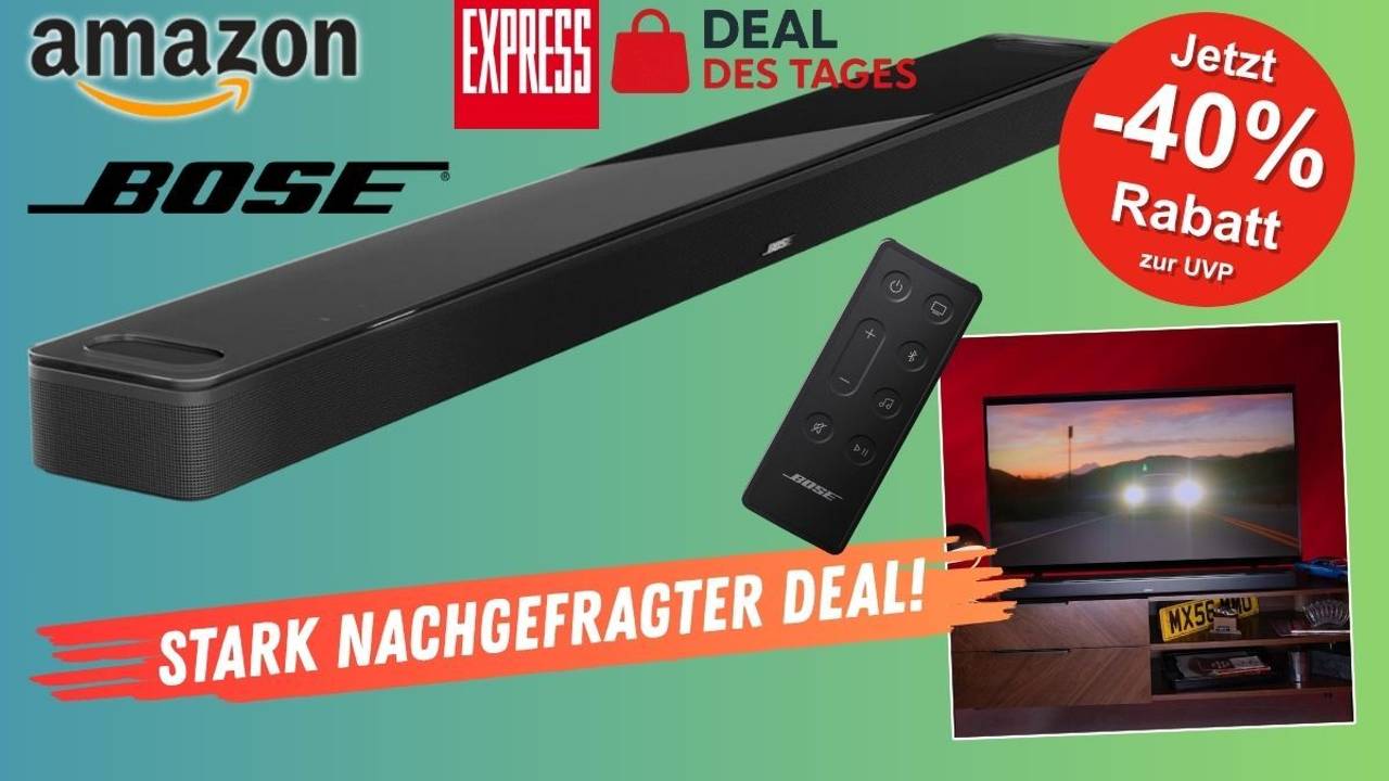 Bose Smart Ultra Soundbar mit Fernbedienung und aufgebaut unter einem Fernseher.