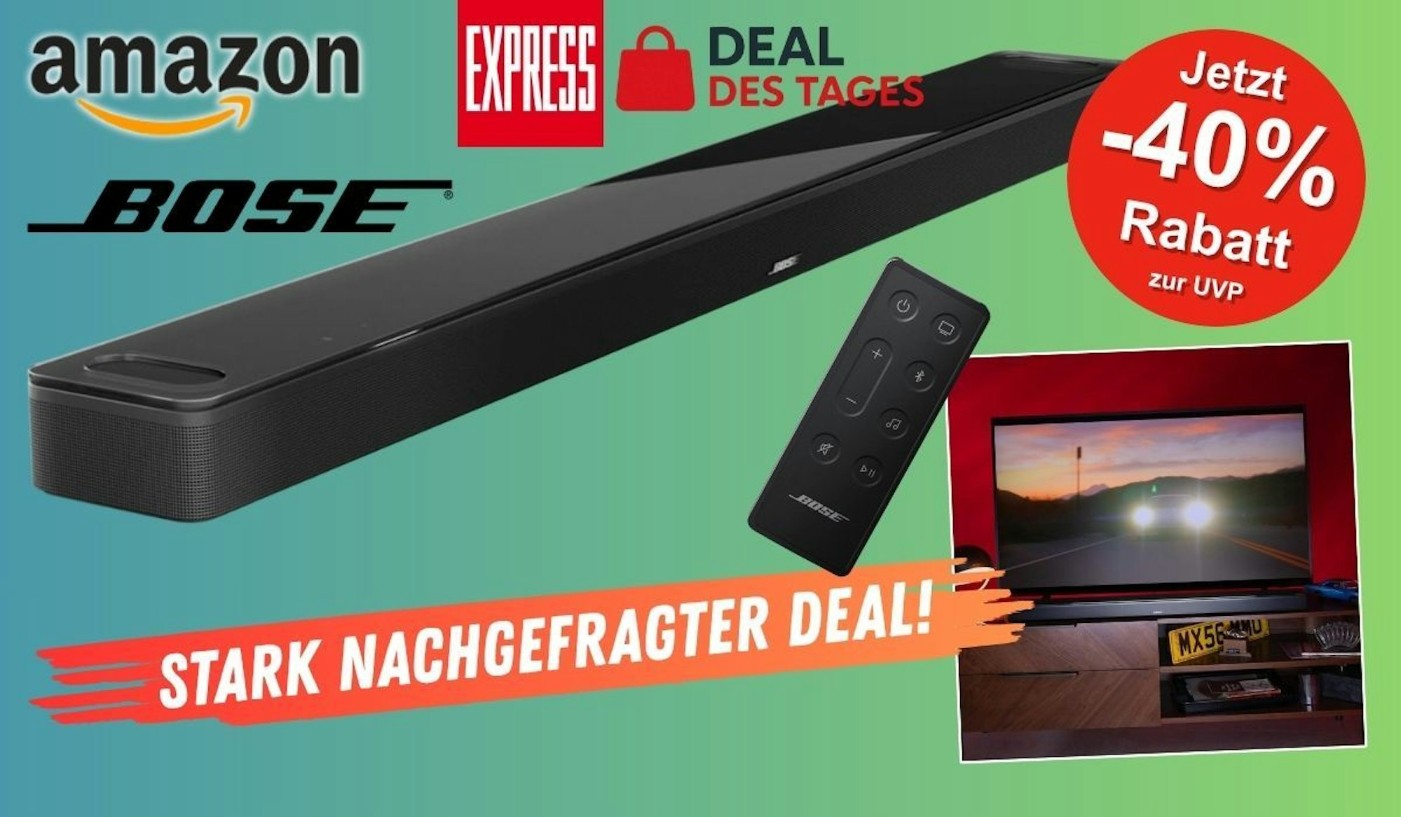 Bose Smart Ultra Soundbar mit Fernbedienung und aufgebaut unter einem Fernseher.