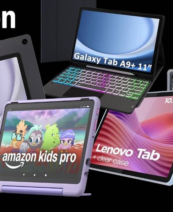 Tablets von Lenovo, Apple, Samsung, Xiaomi, Amazon Fire vor einem schwarzen Hintergrund.