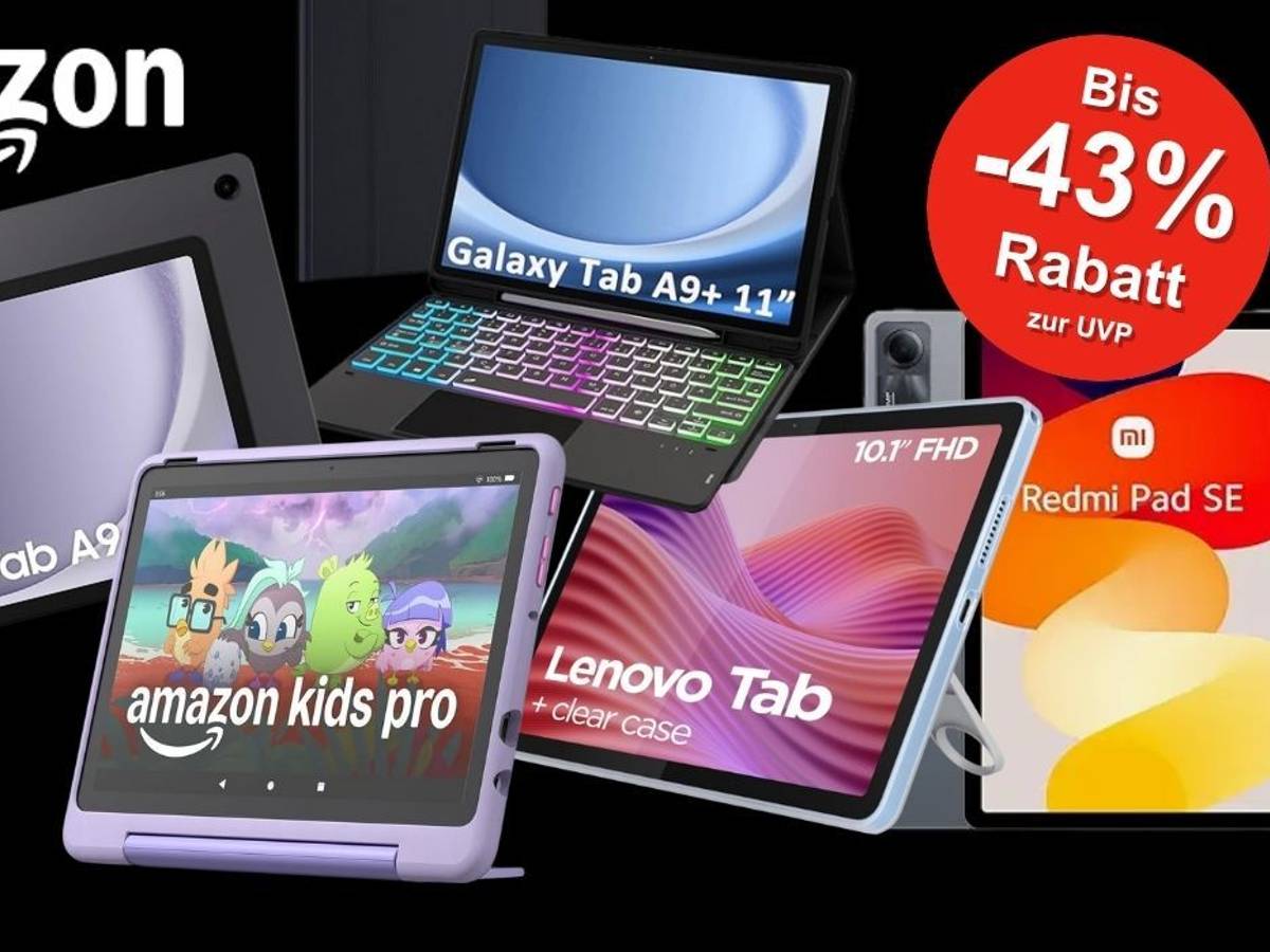 Tablets von Lenovo, Apple, Samsung, Xiaomi, Amazon Fire vor einem schwarzen Hintergrund.