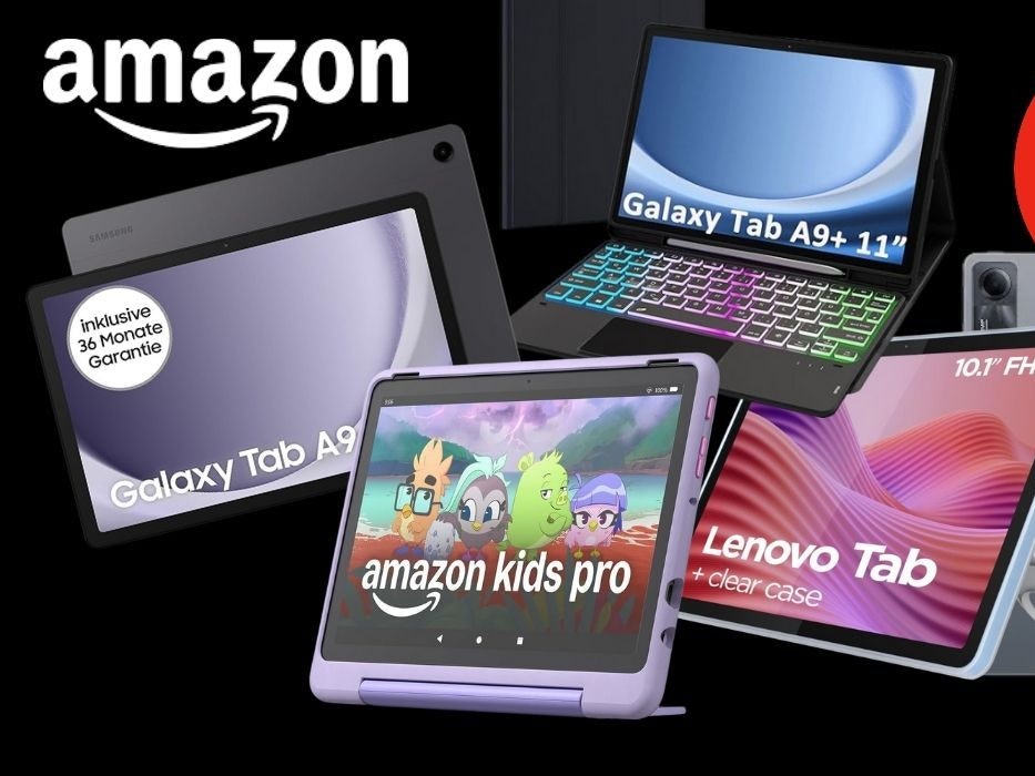 Tablets von Lenovo, Apple, Samsung, Xiaomi, Amazon Fire vor einem schwarzen Hintergrund.