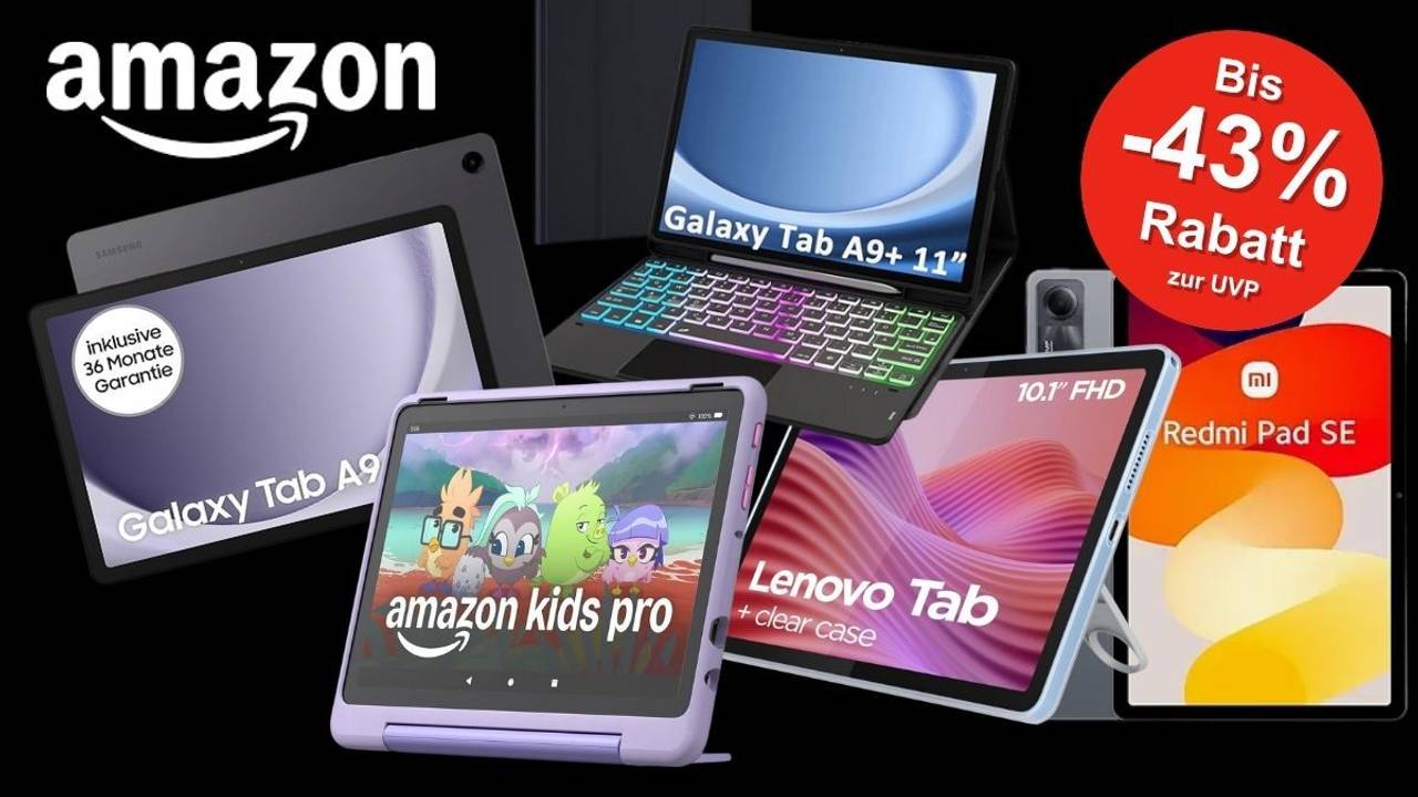Tablets von Lenovo, Apple, Samsung, Xiaomi, Amazon Fire vor einem schwarzen Hintergrund.