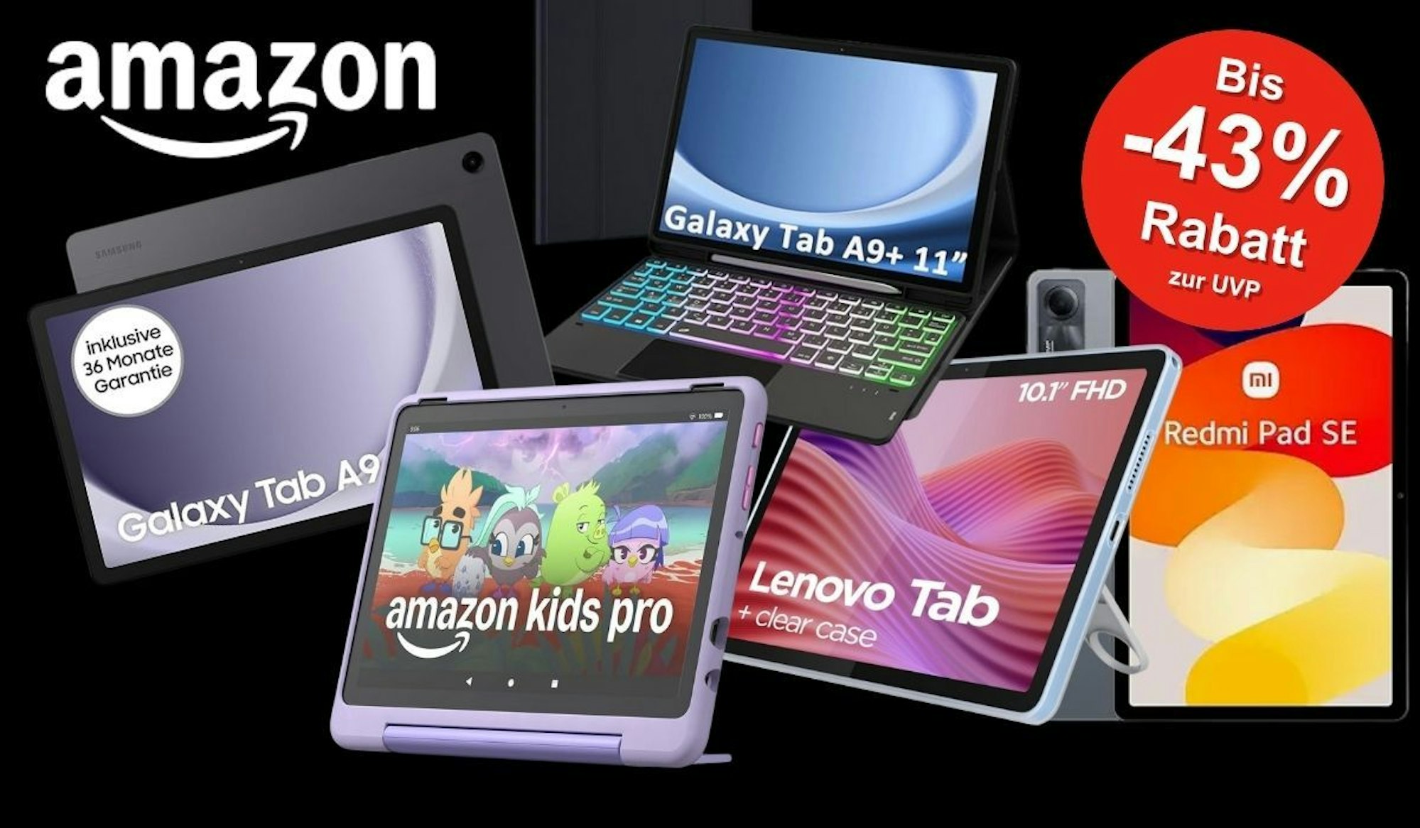 Tablets von Lenovo, Apple, Samsung, Xiaomi, Amazon Fire vor einem schwarzen Hintergrund.