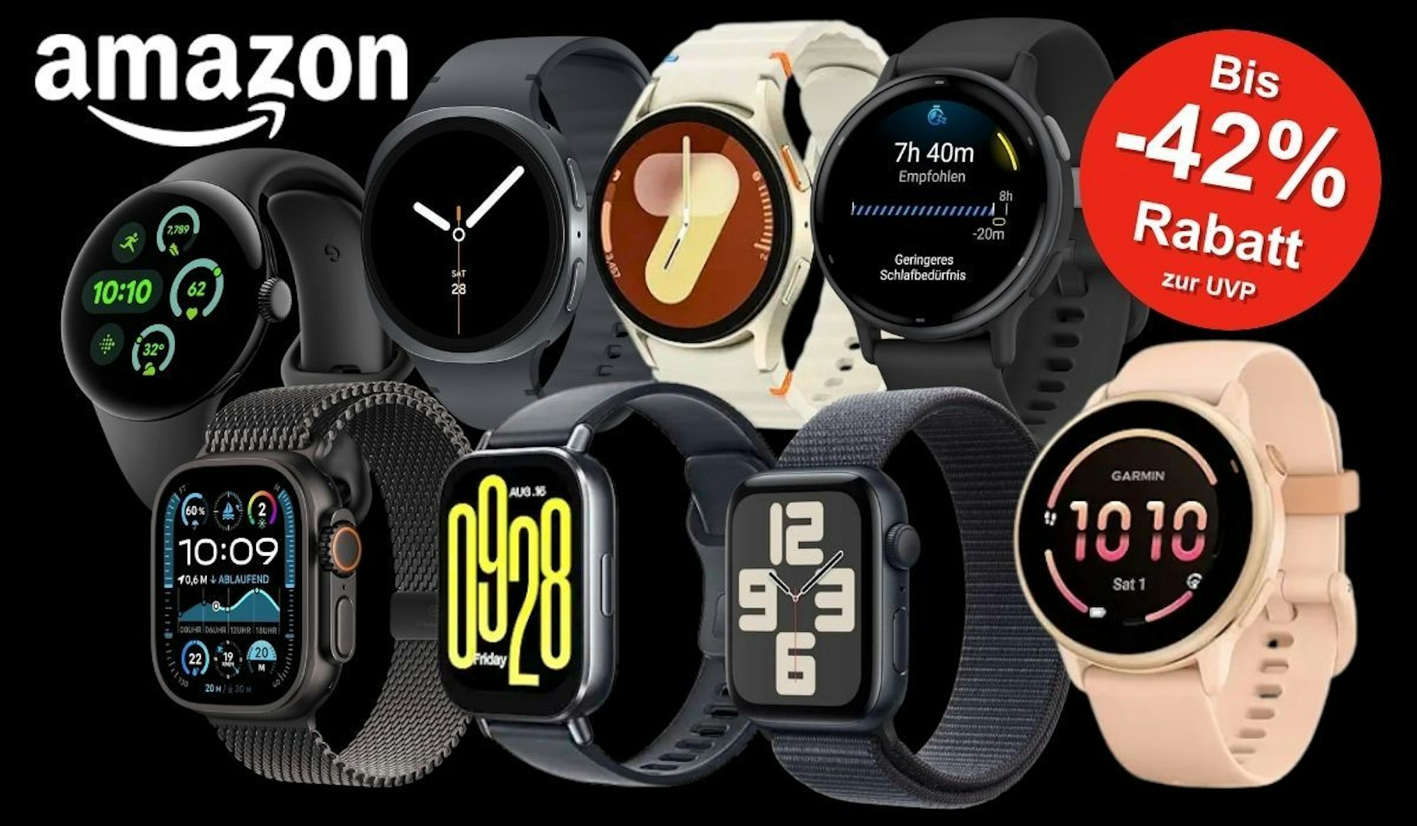 Marken-Smartwatches von Apple, Samsung, Garmin, Google vor schwarzem Hintergrund.