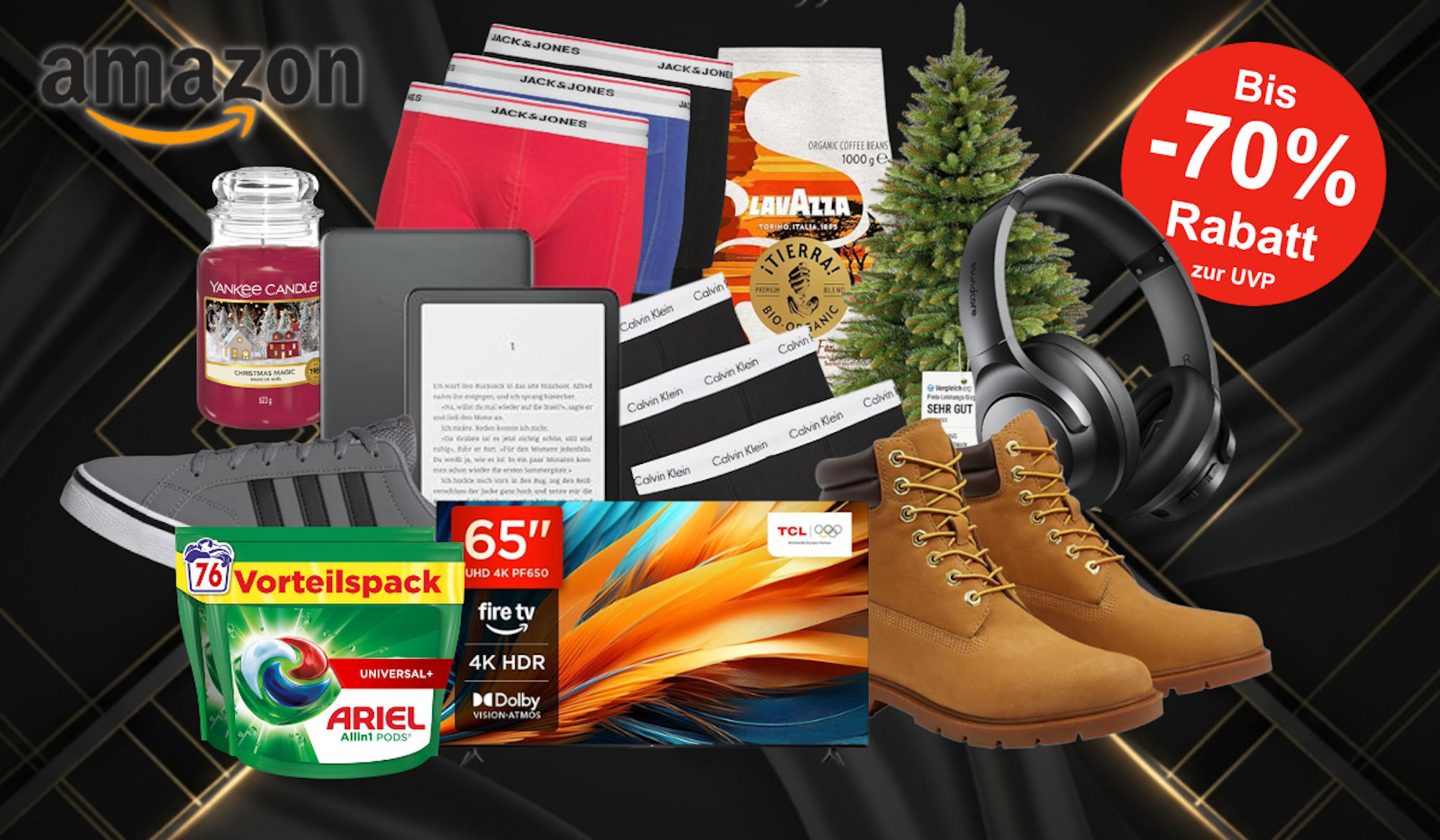 Auf dem Bild sind ein paar Produkte zu sehen, die im frühen Amazon Black Friday Sale sind