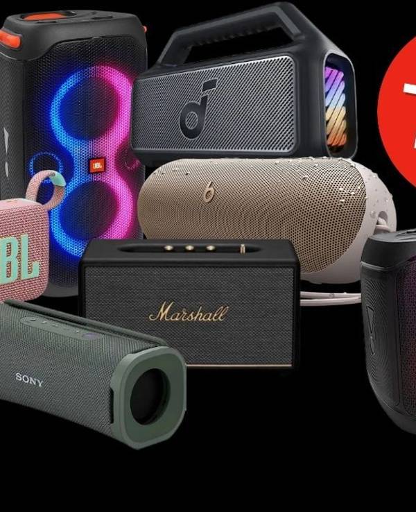 Bluetooth Boxen und Lautsprecher von JBL, Anker, Soundcore, Marshall und mehr vor schwarzem Hintergrund.