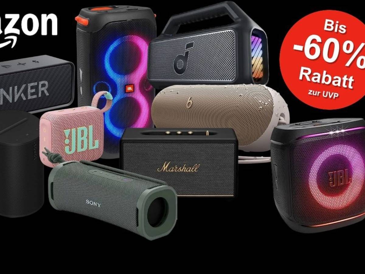 Bluetooth Boxen und Lautsprecher von JBL, Anker, Soundcore, Marshall und mehr vor schwarzem Hintergrund.