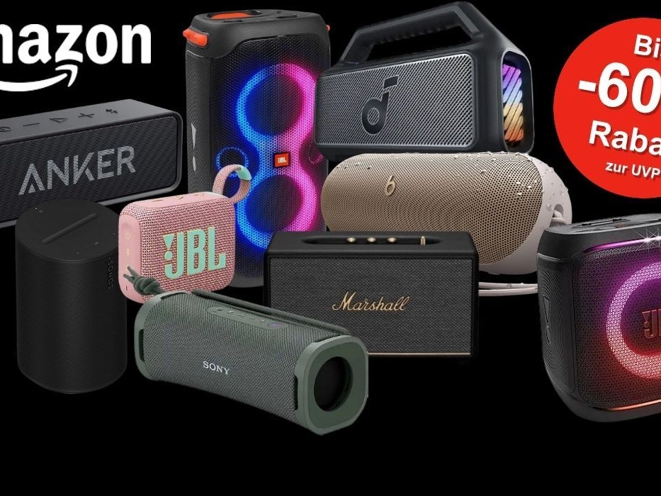 Bluetooth Boxen und Lautsprecher von JBL, Anker, Soundcore, Marshall und mehr vor schwarzem Hintergrund.