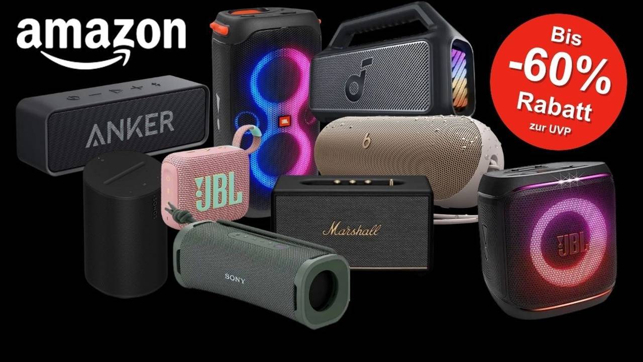 Bluetooth Boxen und Lautsprecher von JBL, Anker, Soundcore, Marshall und mehr vor schwarzem Hintergrund.