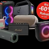Bluetooth Boxen und Lautsprecher von JBL, Anker, Soundcore, Marshall und mehr vor schwarzem Hintergrund.