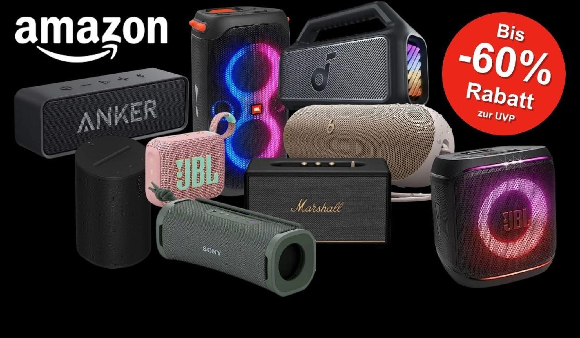 Bluetooth Boxen und Lautsprecher von JBL, Anker, Soundcore, Marshall und mehr vor schwarzem Hintergrund.
