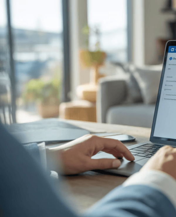 Ein Mann sitzt an einem Holztisch und informiert sich an seinem Laptop
