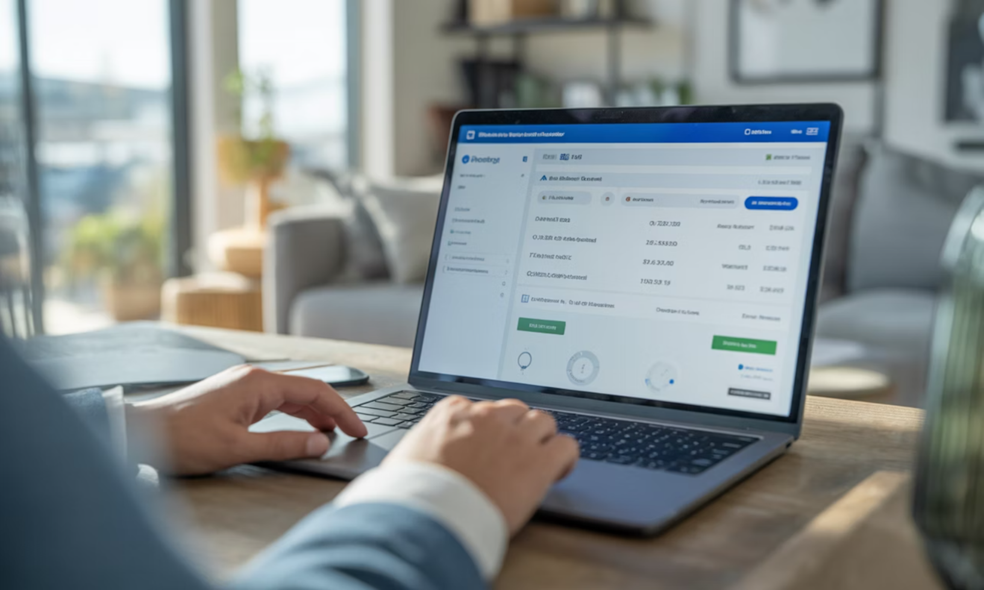 Ein Mann sitzt an einem Holztisch und informiert sich an seinem Laptop