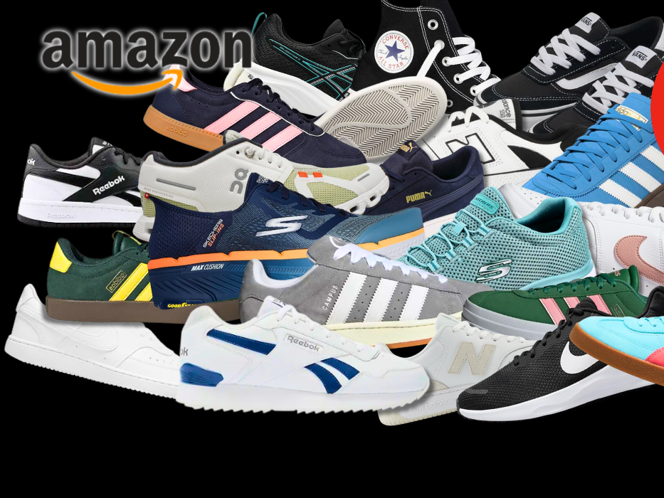 Auf einem schwarzen Hintergrund sind diverse Sneaker unterschiedlicher Marken abgebildet.